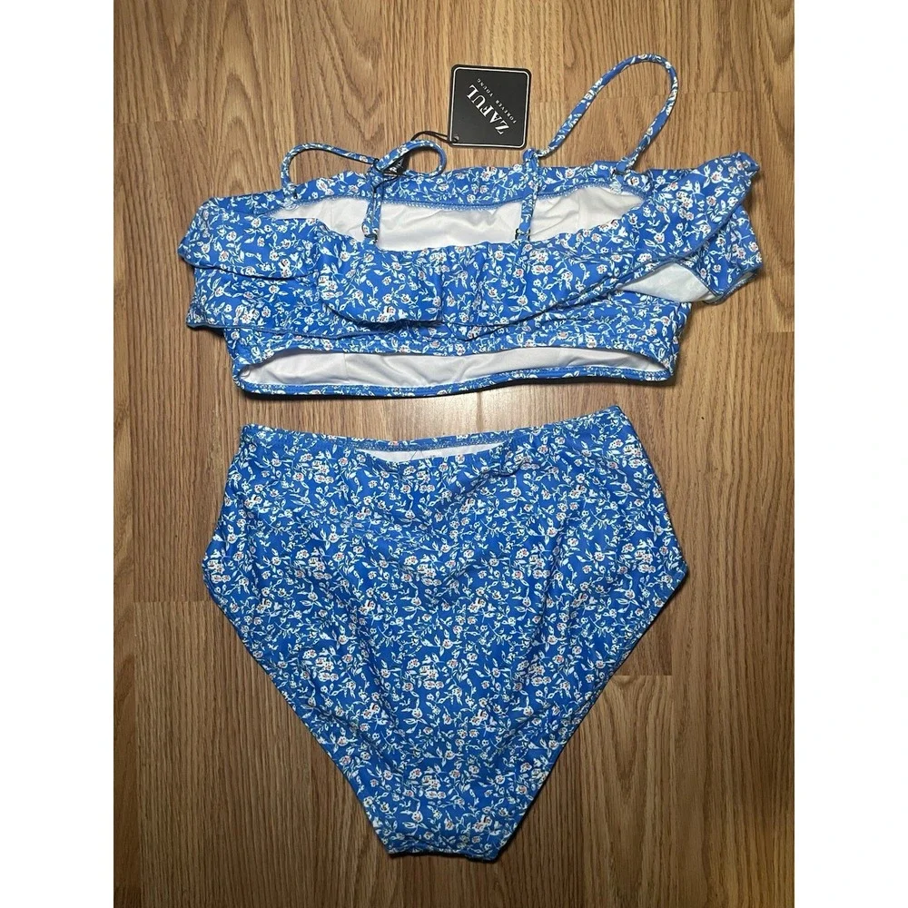 Zaful Women's Two Piece Blue Floral Bathing Suit Size M - Picture 2 of 3